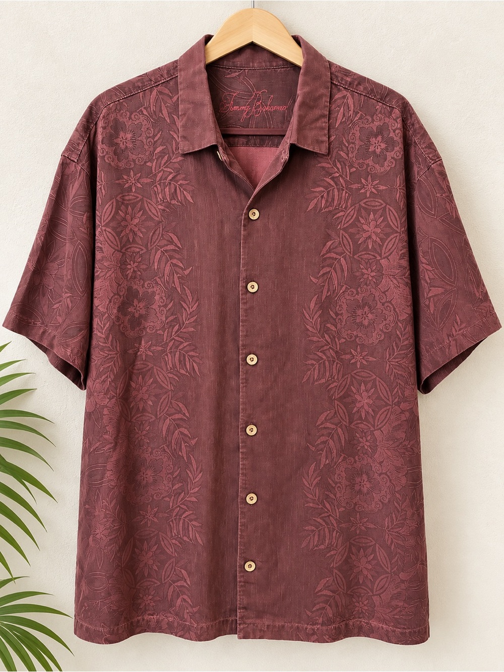 Tommy Bahama 100% Silk Tonal Floral Jacquard Camp Shirt Brown XXL Hawaiian